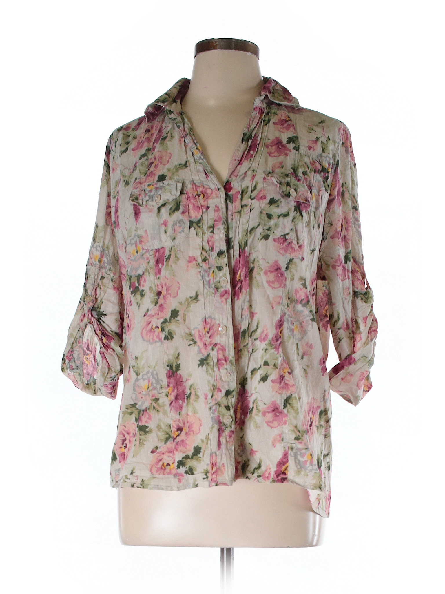 Eden & Olivia 100% Cotton Floral Tan 3/4 Sleeve Button-Down Shirt Size ...