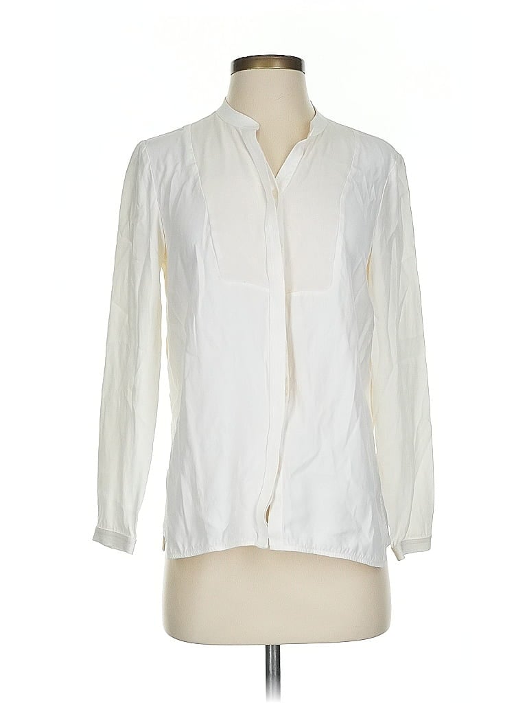 Pre-owned Lafayette 148 Long Sleeve Silk Top Ivory Solid Pattern Mock Neckline Tops In White