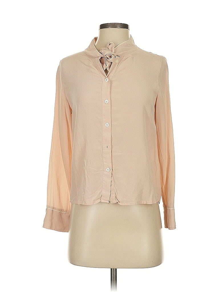 Pre-owned Petite Studio New York 3/4 Sleeve Silk Top Tan Color Block Pattern Mock Neckline Tops In Brown