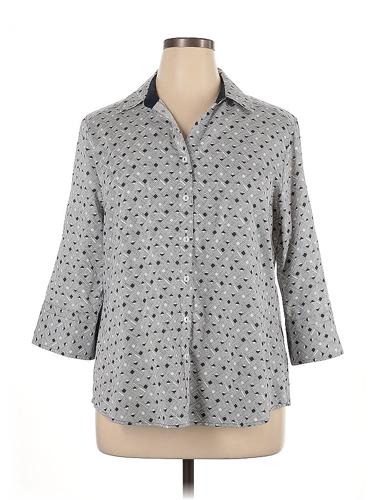 Foxcroft 100% Cotton Polka Dots Gray Blue 3/4 Sleeve Button-Down Shirt Size 14 - photo 1