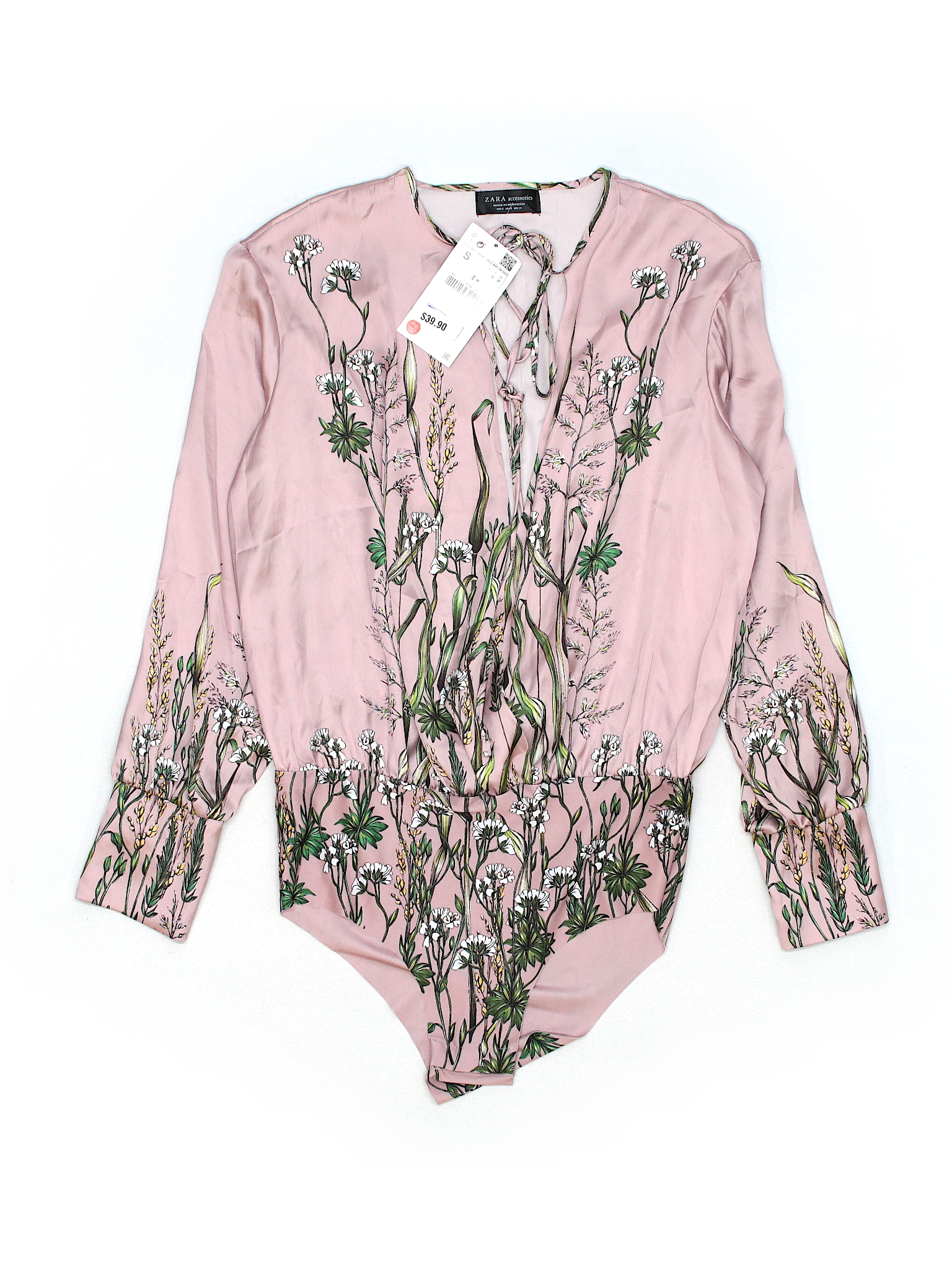 Zara 100% Polyester Floral Light Pink Long Sleeve Blouse Size S - 74% ...