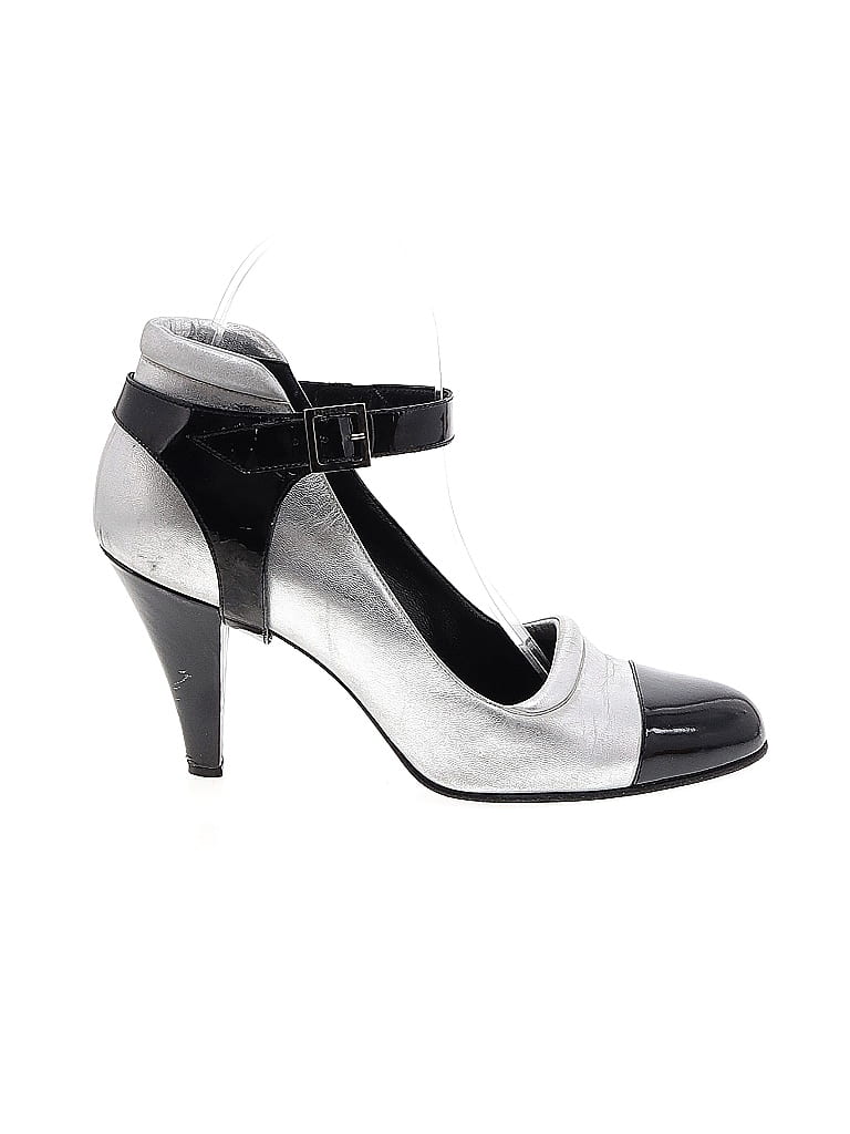 Chanel 100% Leather Color Block Gray Silver Leather Mary Jane Heels Size EU 38 1/2 - photo 1