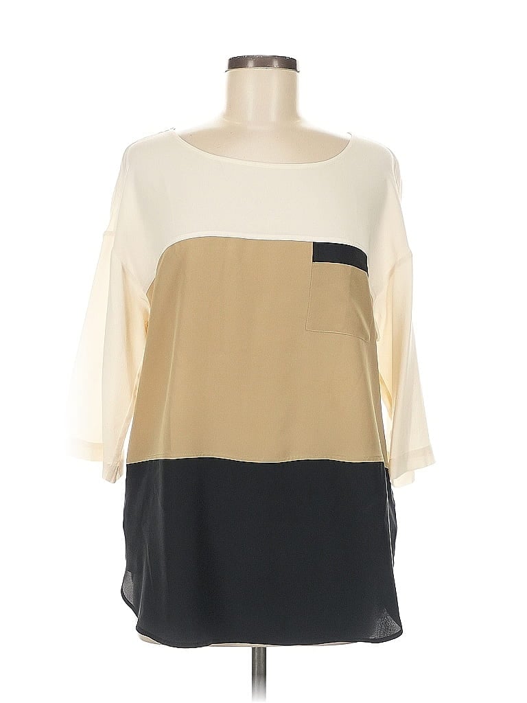 Pre-owned Go By Go Silk 3/4 Sleeve Silk Top Ivory Color Block Pattern Boatneck Tops In White