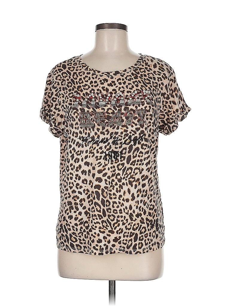 Pre-owned Guess Short Sleeve Top Brown Animal Print Pattern Scoop Neck Tops