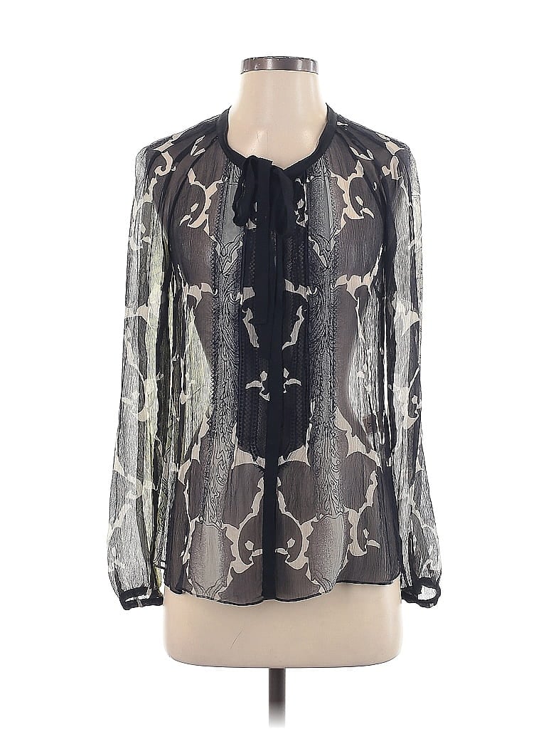 Pre-owned Elie Tahari Long Sleeve Silk Top Black Keyhole Neckline Tops