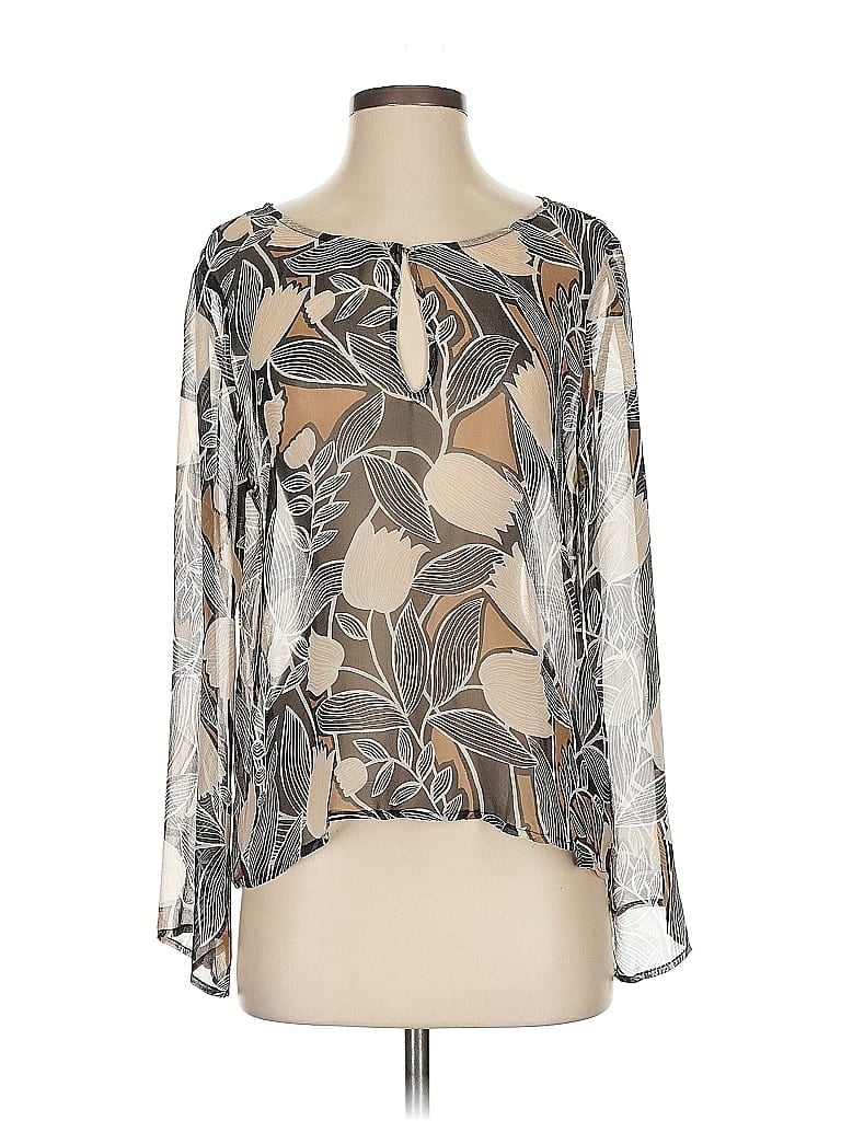 Pre-owned Ella Moss Long Sleeve Silk Top Black Keyhole Neckline Tops