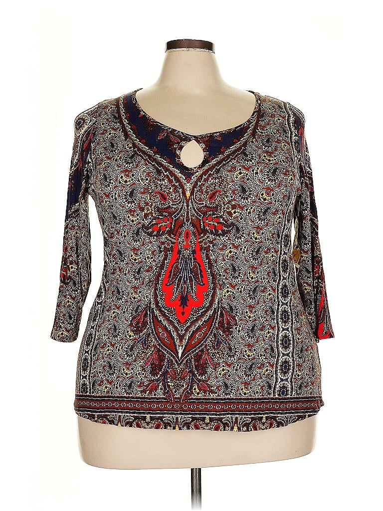 One World Brown Blue 3/4 Sleeve Blouse Size 2X - photo 1