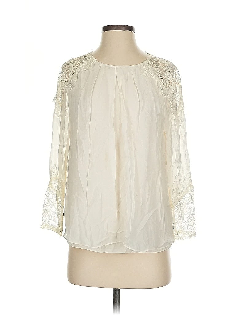 Pre-owned Alice And Olivia Alice + Olivia 3/4 Sleeve Silk Top Ivory Keyhole Neckline Tops In White