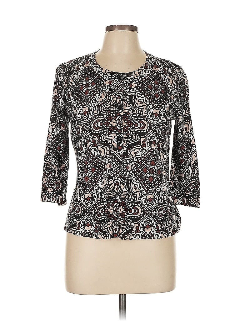 Click to view more detailed imagery on our partner's website Pre-owned Mercer Street Studio 3/4 Sleeve Top Silver Keyhole Neckline Tops