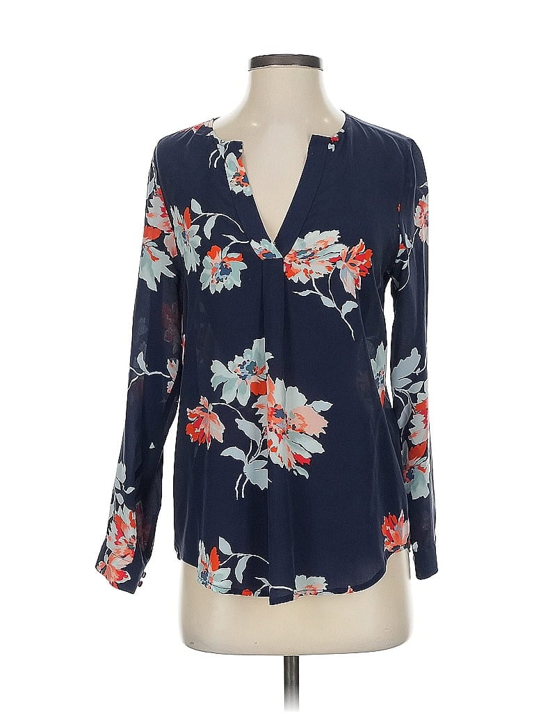 Pre-owned Joie 3/4 Sleeve Silk Top Blue Floral Pattern Plunge Neckline Tops