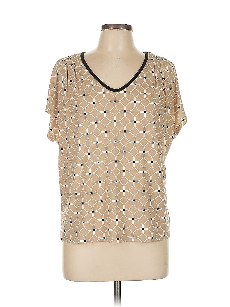 Pre-owned Adrienne Vittadini Short Sleeve Top Tan V Neck Tops In Brown
