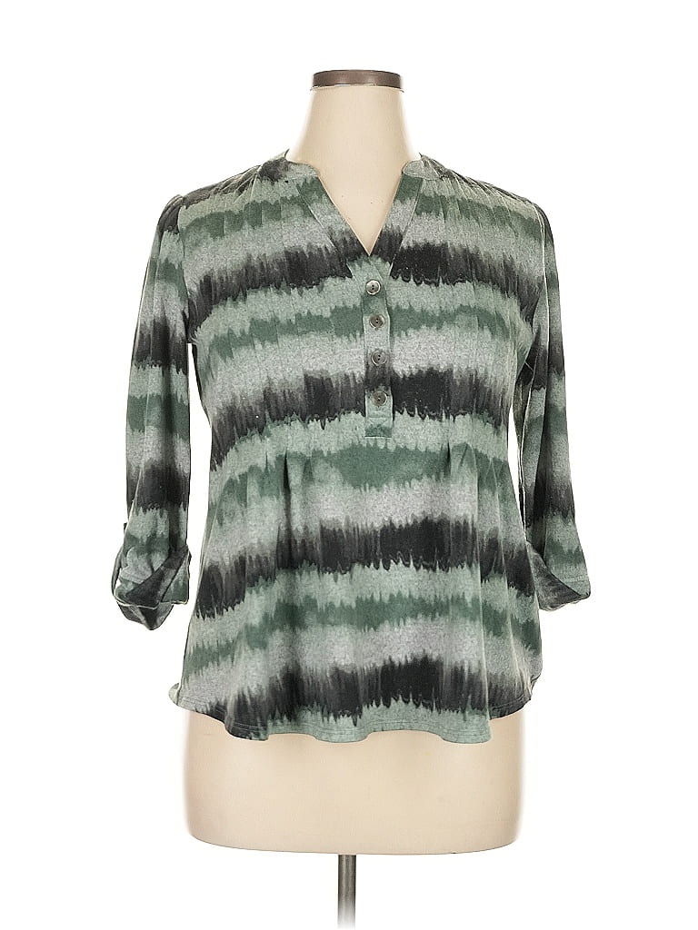 Pre-owned New Directions 3/4 Sleeve Top Green Collared Neckline Tops