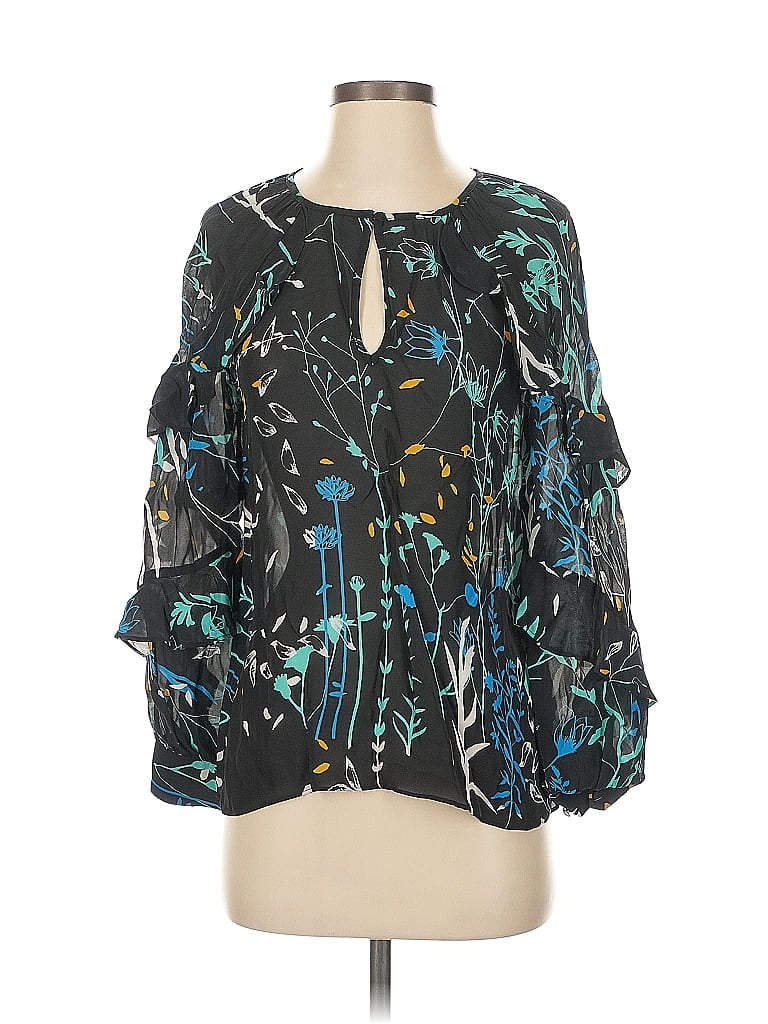 Pre-owned Parker 3/4 Sleeve Silk Top Black Keyhole Neckline Tops