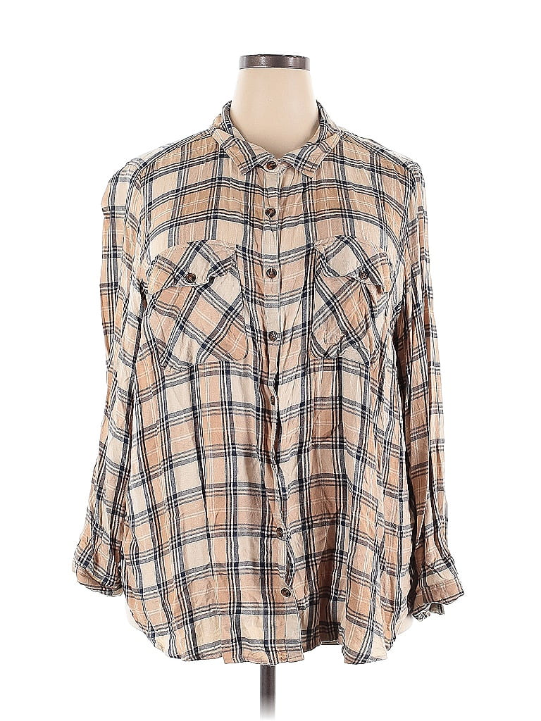 Terra & Sky 100% Viscose Plaid Tan 3/4 Sleeve Button-Down Shirt Size 3X - photo 1