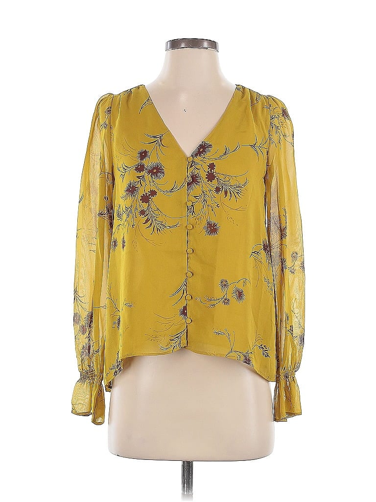 Pre-owned Joie Long Sleeve Silk Top Yellow Plunge Neckline Tops