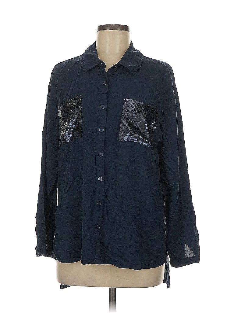 G by Giuliana Rancic 100% Viscose Blue Long Sleeve Button-Down Shirt Size L - photo 1