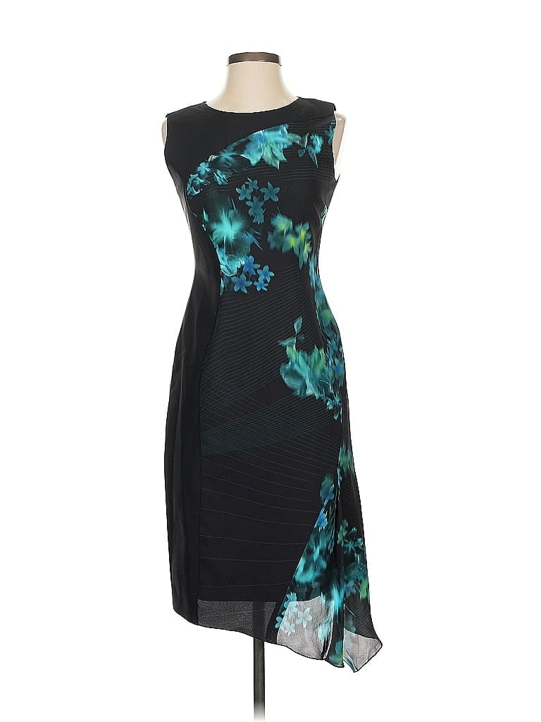 Elie Tahari 100% Silk Graphic Teal Black Cocktail Dress Size 2 - photo 1