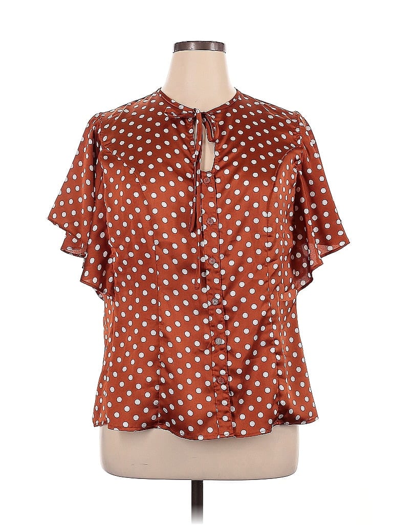 Unique Vintage 100% Polyester Polka Dots Orange Brown Short Sleeve Blouse Size 1X - photo 1
