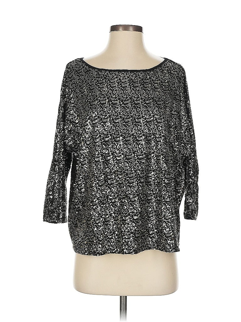 Pre-owned Inc International Concepts 3/4 Sleeve Top Silver Metallic Pattern Boatneck Tops