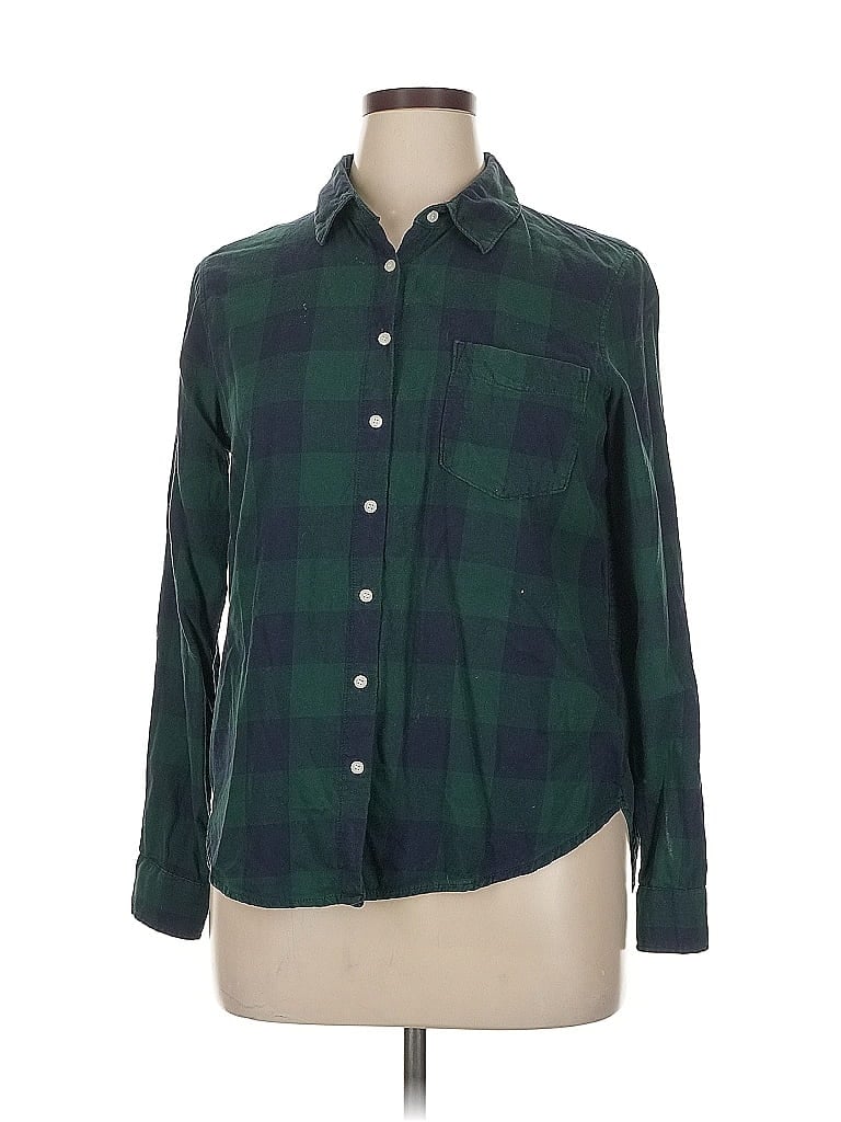 H&M L.O.G.G. 100% Cotton Plaid Green Long Sleeve Button-Down Shirt Size 14 - photo 1
