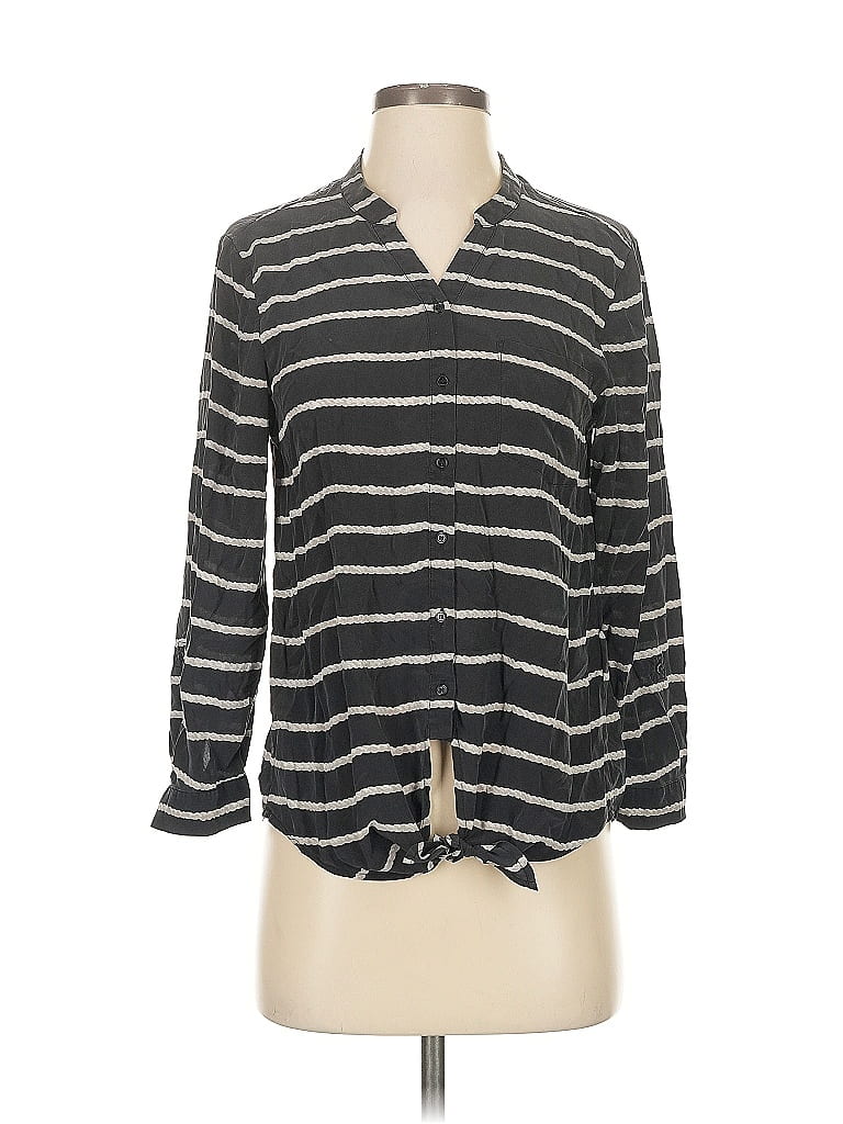 Pre-owned Joie 3/4 Sleeve Silk Top Gray Stripes Pattern Keyhole Neckline Tops