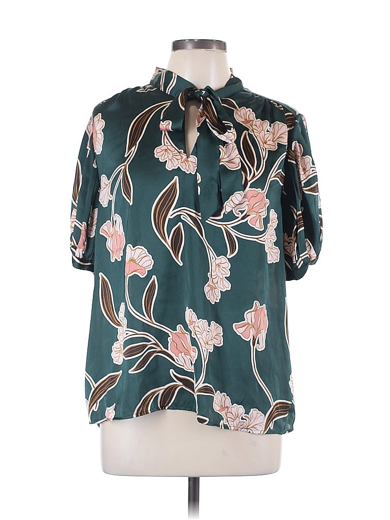 DR2 100% Polyester Floral Teal Green Short Sleeve Blouse Size L - photo 1