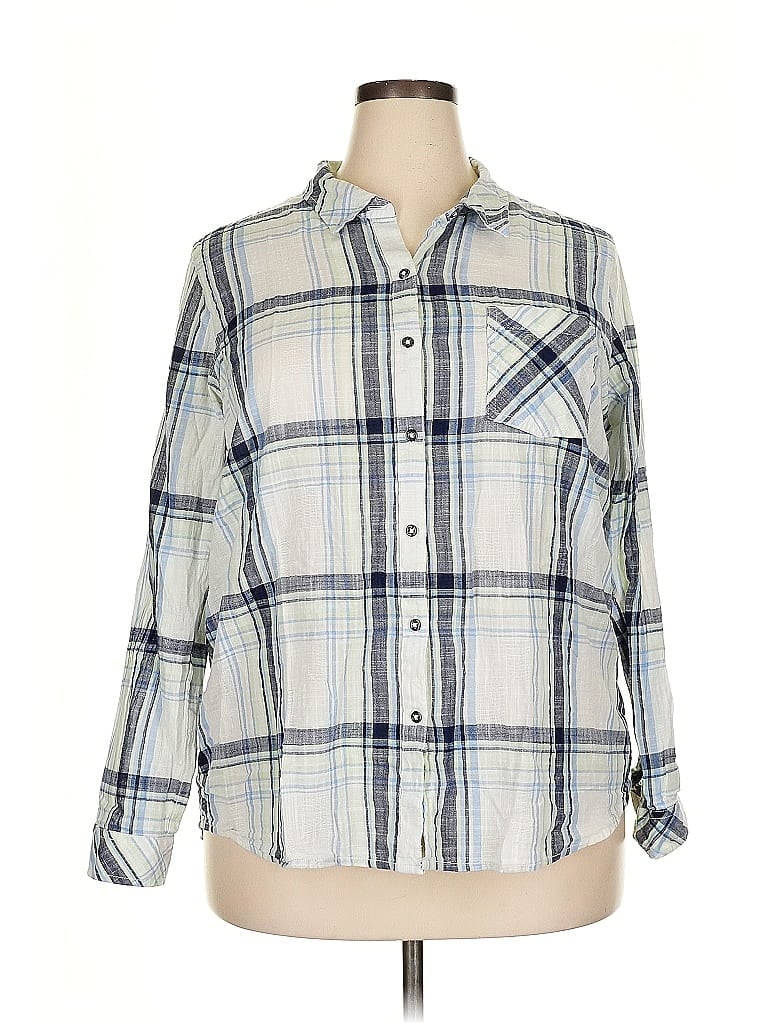 Natural Reflections 100% Cotton Plaid Blue 3/4 Sleeve Button-Down Shirt Size XXL - photo 1