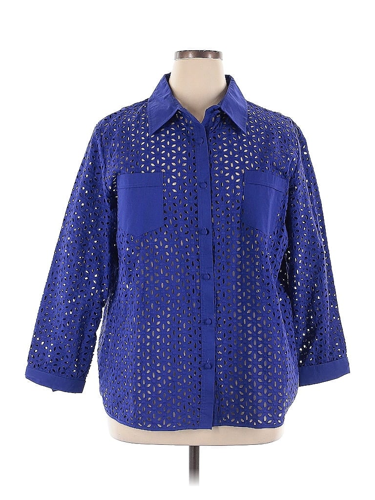 Susan Graver 100% Cotton Blue 3/4 Sleeve Button-Down Shirt Size 1X - photo 1