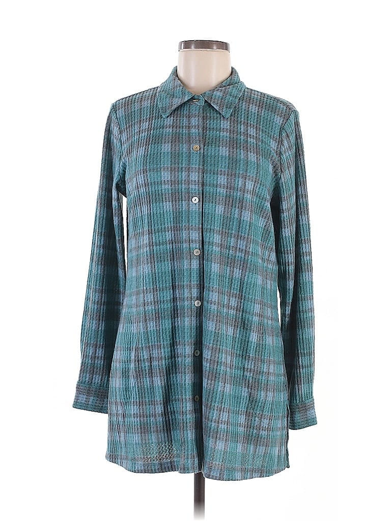 Susan Graver Plaid Teal Long Sleeve Blouse Size M - photo 1