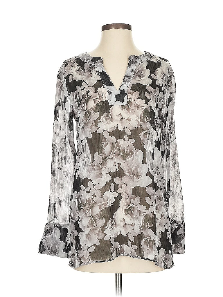 Pre-owned Ellen Tracy Long Sleeve Blouse In Silver