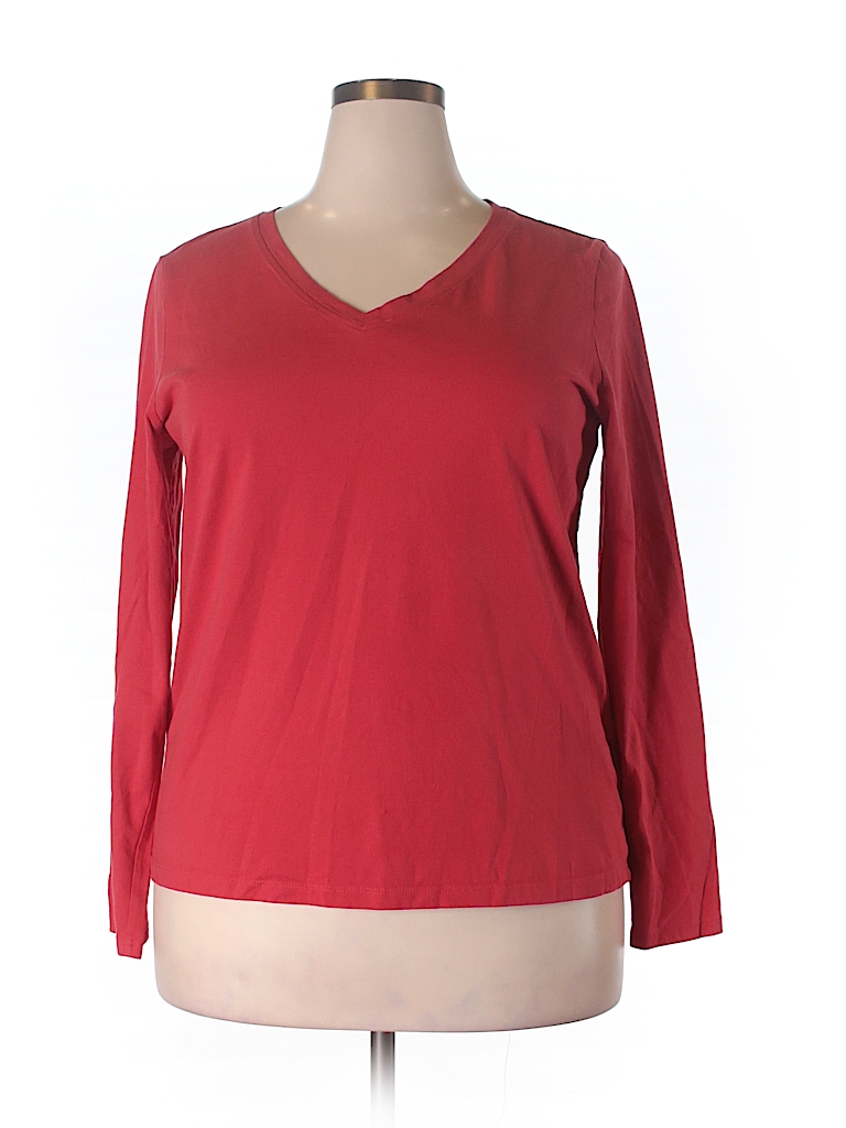 Lands' End 100% Cotton Solid Red Long Sleeve T-Shirt Size 18 (Plus ...