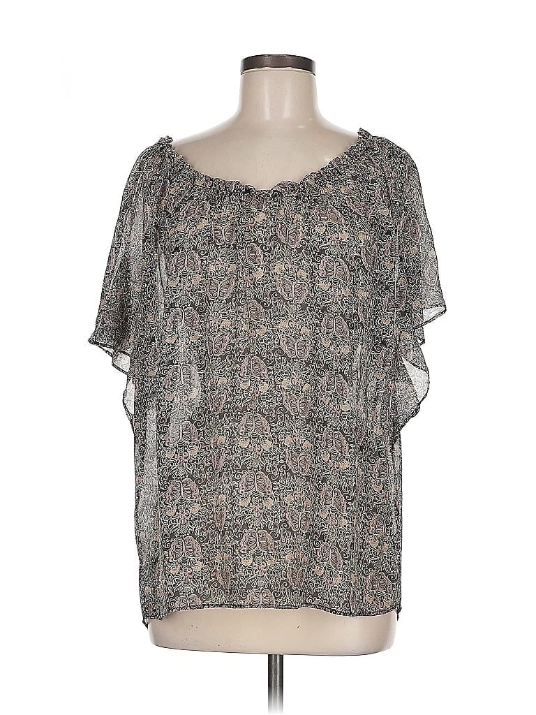 Pre-owned Ella Moss Short Sleeve Silk Top Gray Cold Shoulder Neckline Tops