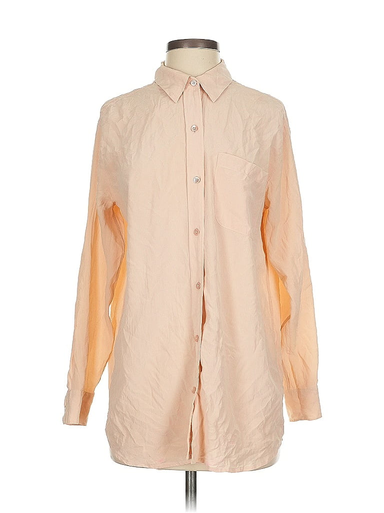 Pre-owned Equipment Long Sleeve Silk Top Orange Color Block Pattern Mock Neckline Tops