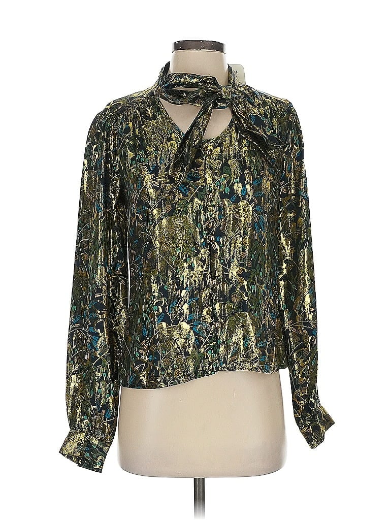 Pre-owned An Original Milly Of New York Long Sleeve Silk Top Green Metallic Pattern Tie Neck Tops