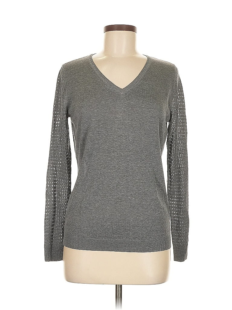 Pre-owned E3 By Etcetera Long Sleeve Silk Top Gray V-neck Tops