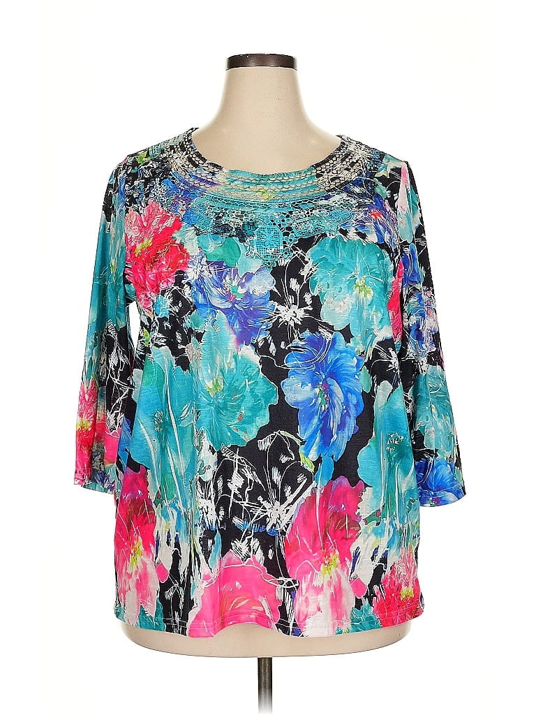 Roaman's 100% Polyester Floral Teal Green 3/4 Sleeve T-Shirt Size 18 - photo 1