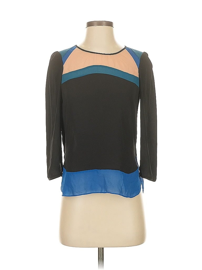 Pre-owned Bcbgmaxazria 3/4 Sleeve Top Teal Color Block Pattern Boatneck Tops In Blue