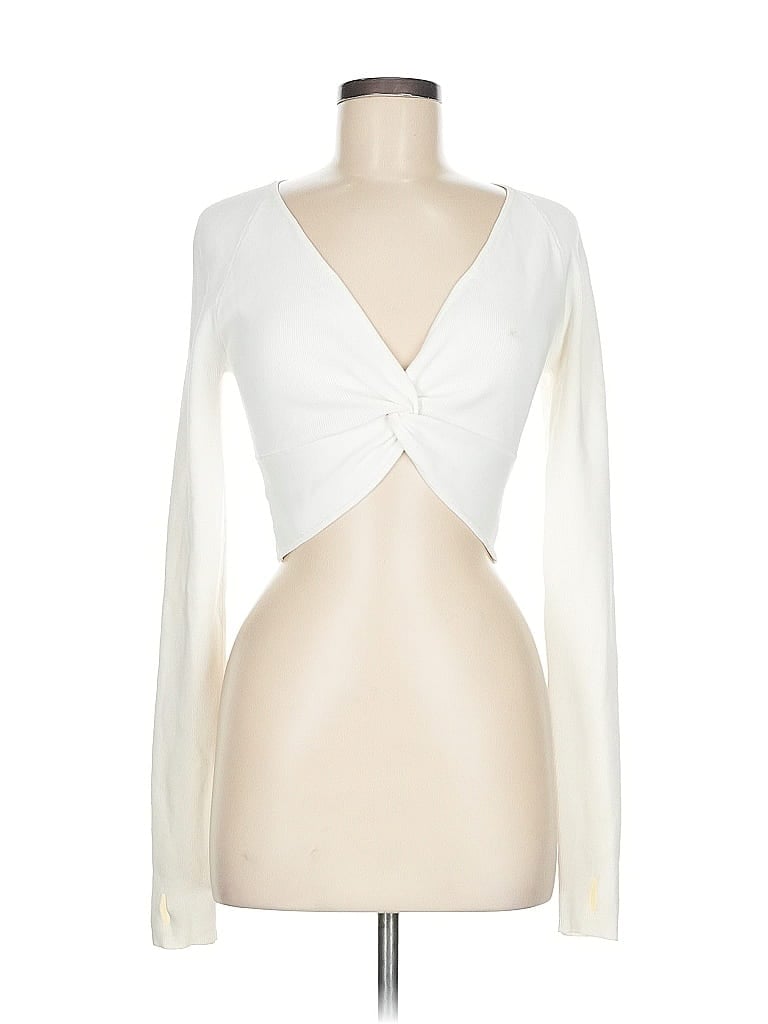 Pre-owned Le Ore Long Sleeve Top Ivory Plunge Neckline Tops In White