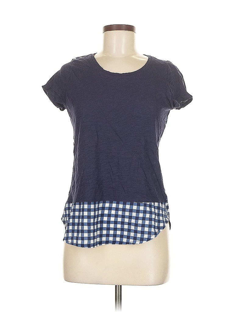 Pre-owned Maison Jules Short Sleeve Top Blue Checkered/gingham Pattern Boatneck Tops