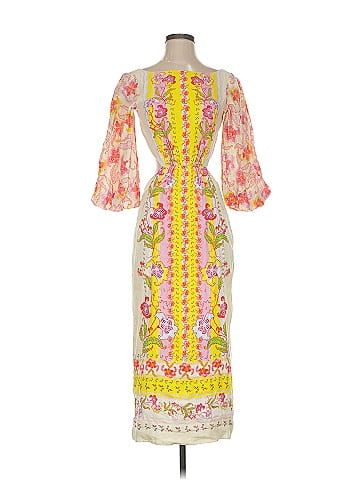 Saloni 100% Linen Print Yellow Cocktail Dress Size 2