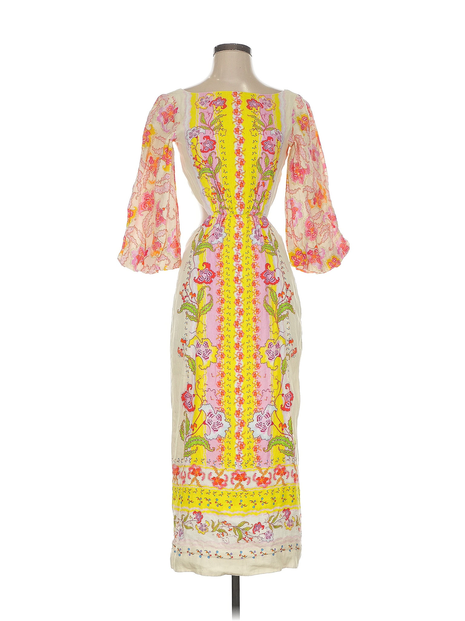 Saloni 100% Linen Print Yellow Cocktail Dress Size 2