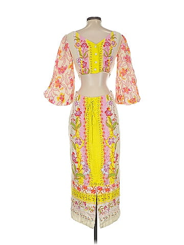 Saloni 100% Linen Print Yellow Cocktail Dress Size 2