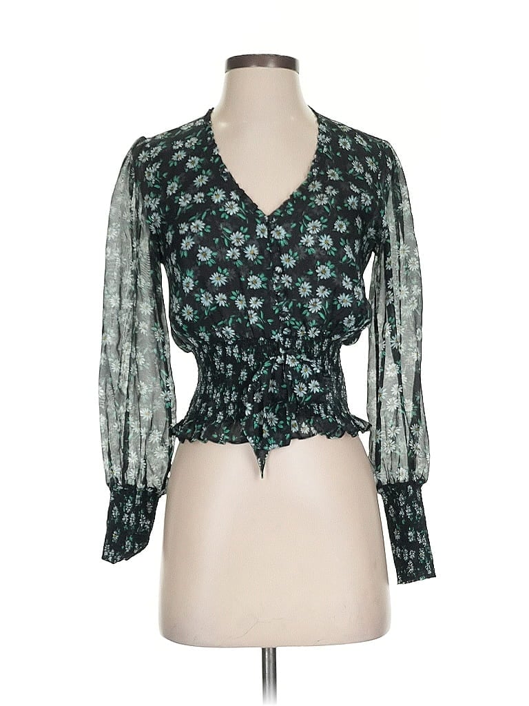 Pre-owned Intermix 3/4 Sleeve Silk Top Green Plunge Neckline Tops