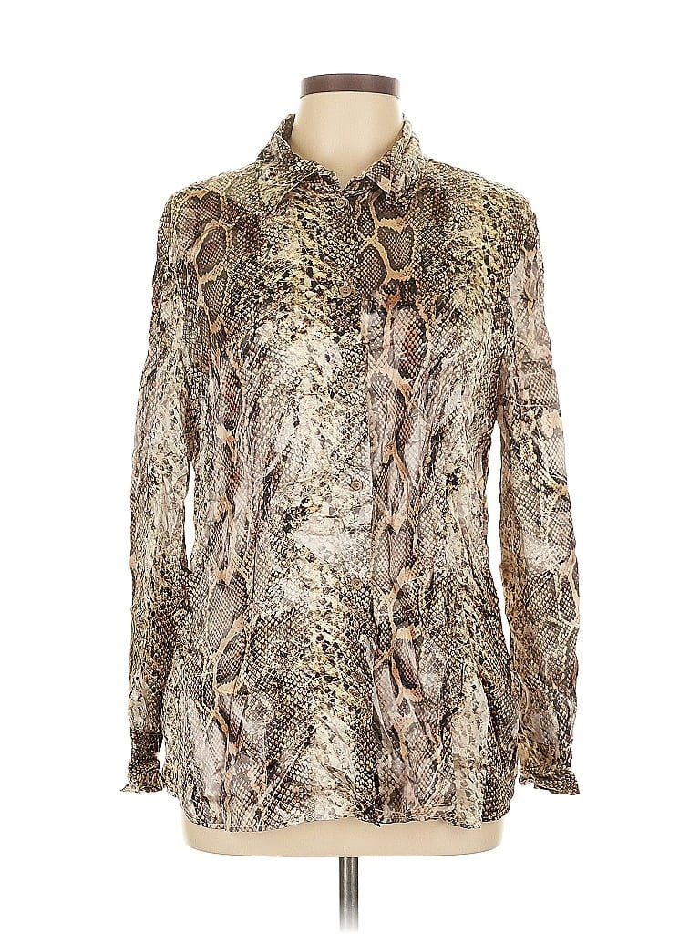Les Copains 100% Silk Animal Print Gold Tan Long Sleeve Silk Top Size EU (IT) 48 / US 12 - photo 1