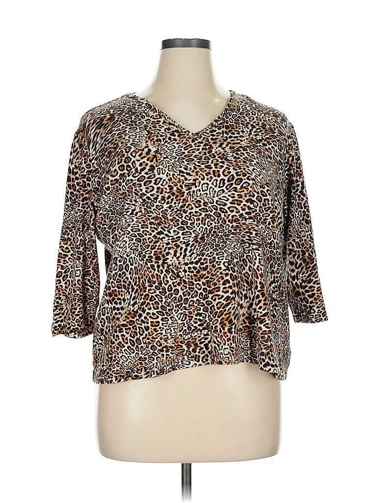 Anne Klein Sport 100% Cotton Animal Print Brown 3/4 Sleeve Blouse Size 1X - photo 1