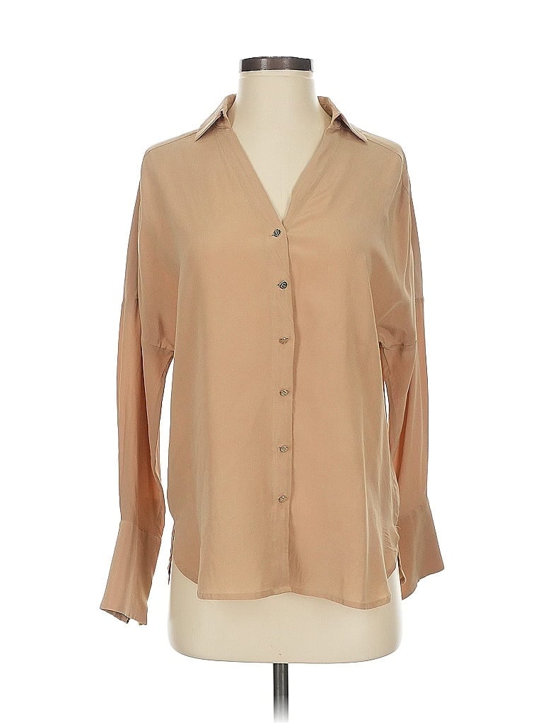 Back Label 100% Silk Tan 3/4 Sleeve Silk Top Size 00 - photo 1