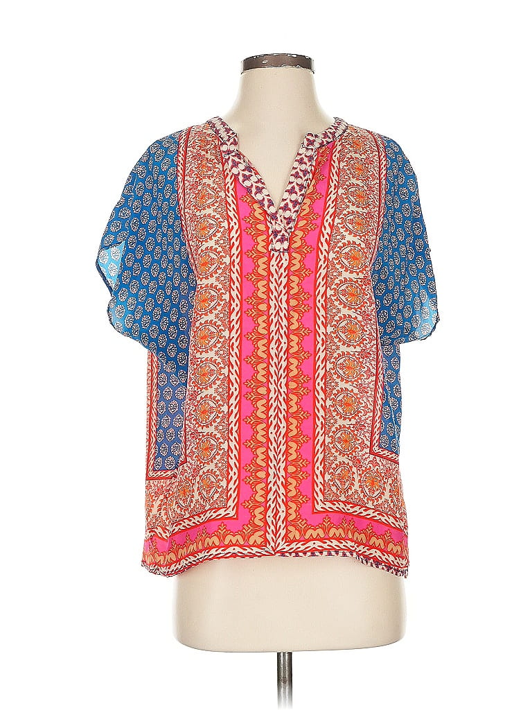 Pre-owned Tolani Short Sleeve Silk Top Blue V Neck Tops