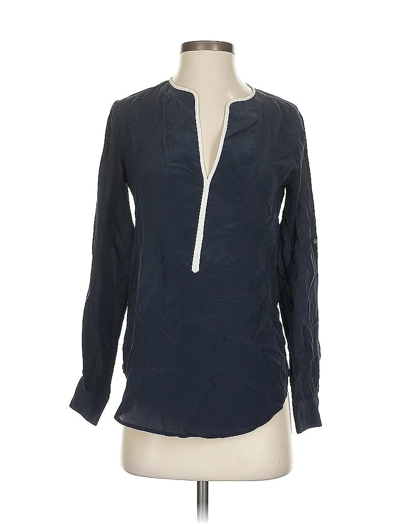 Pre-owned Ann Taylor Long Sleeve Silk Top Blue Open Neckline Tops