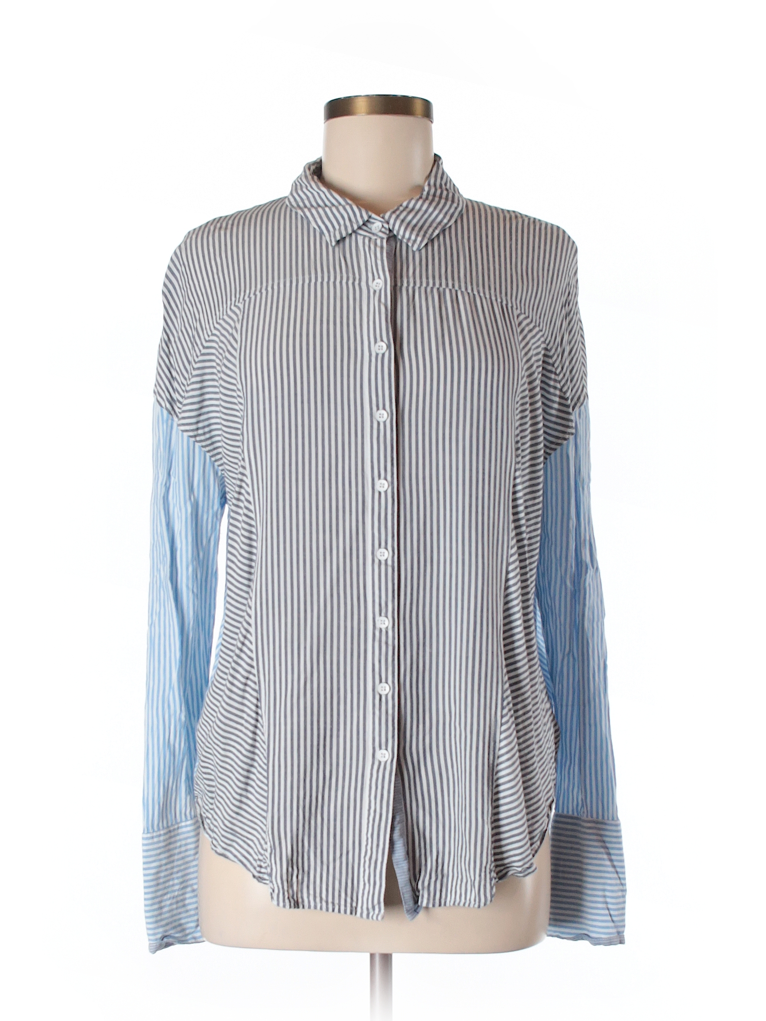 Free People 100% Rayon Stripes Navy Blue Long Sleeve Button-Down Shirt ...