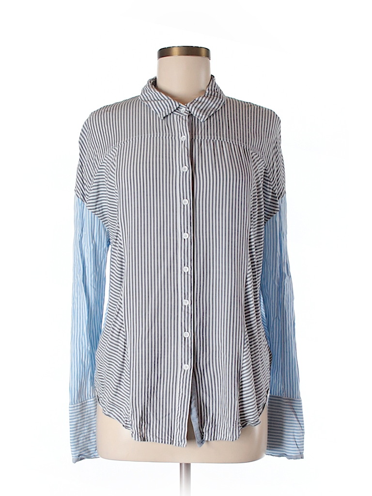 Free People 100% Rayon Stripes Navy Blue Long Sleeve Button-Down Shirt ...